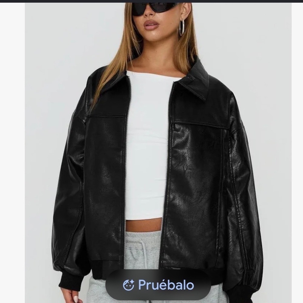 Princess Polly Goldsmith Black Faux Leather Bomber Jacket Oversized US 12 NEW